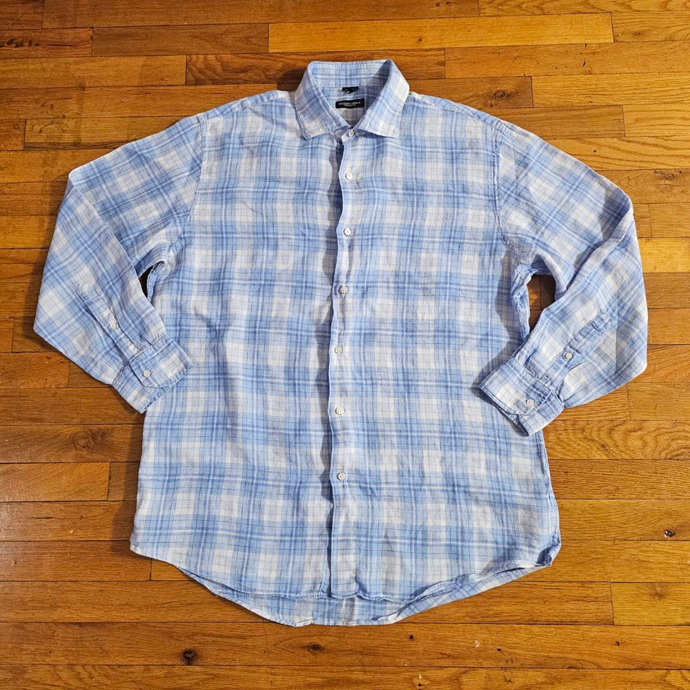 Bergdorf Goodman Men's Blue Plaid Linen Shirt XL Tailored Fit